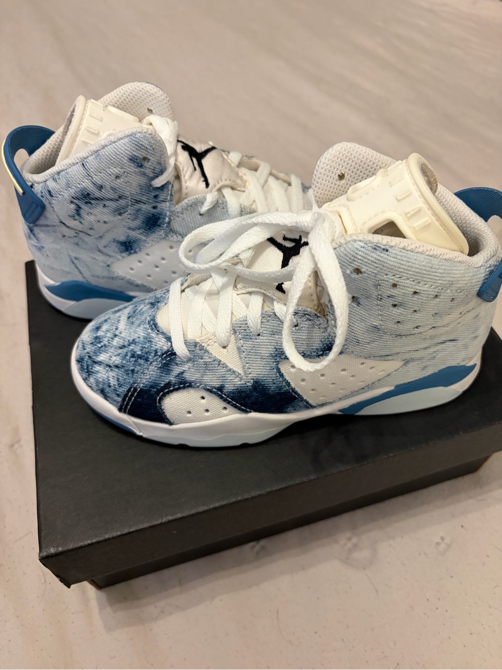 Jordan Kids High-Top Sneakers in White and Blue Denim Effect